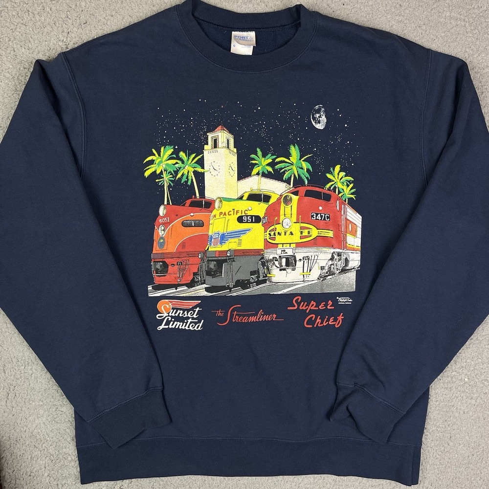 SUNSET LIMITED, THE STREAMLINER, SUPER CHIEF Train Sweater Blue Sweatshirt Large